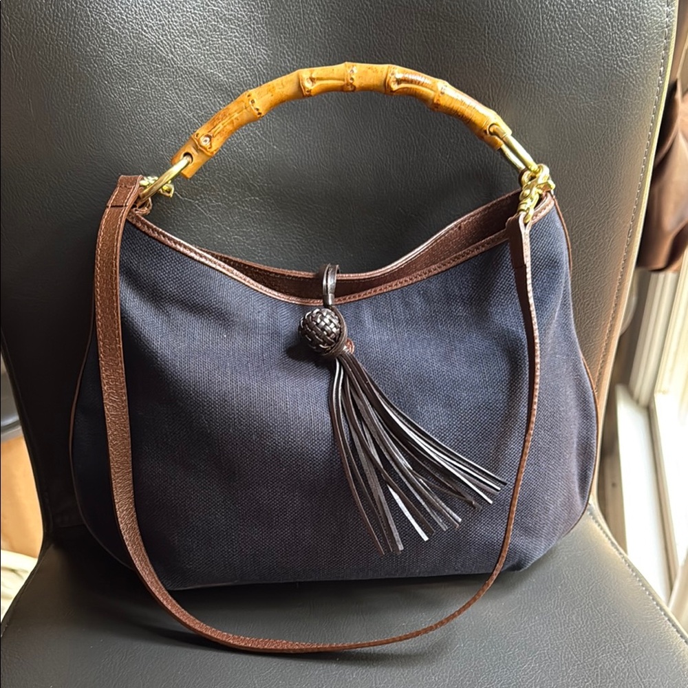 Tommy Bahama Navy Cotton Canvas With Brown Leather Trim & Bamboo Handle Satchel